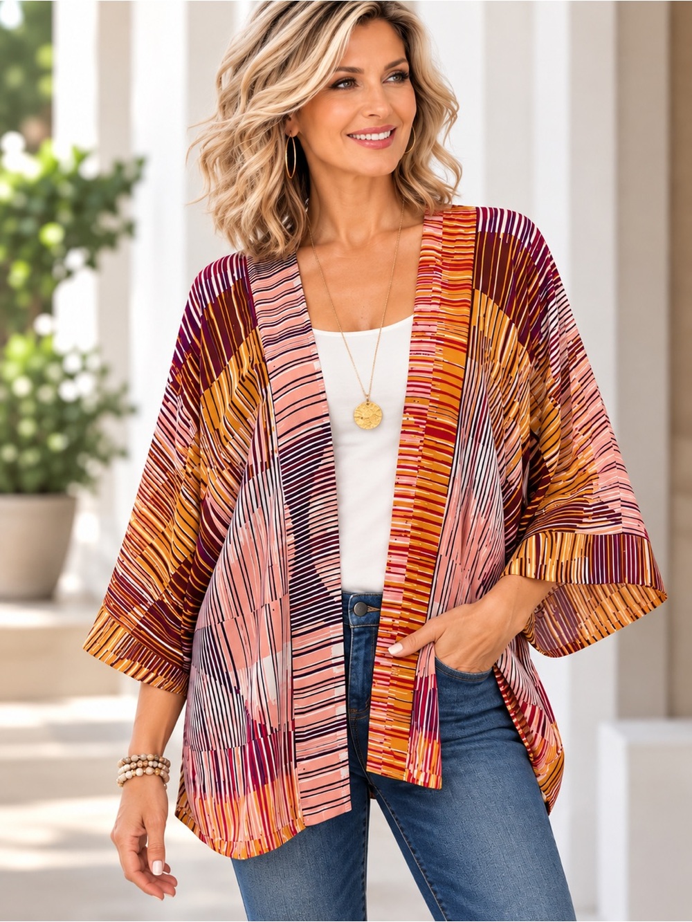 Cabi Abstract Kimono Style Open Cardigan Artsy Eclectic Fall Boho